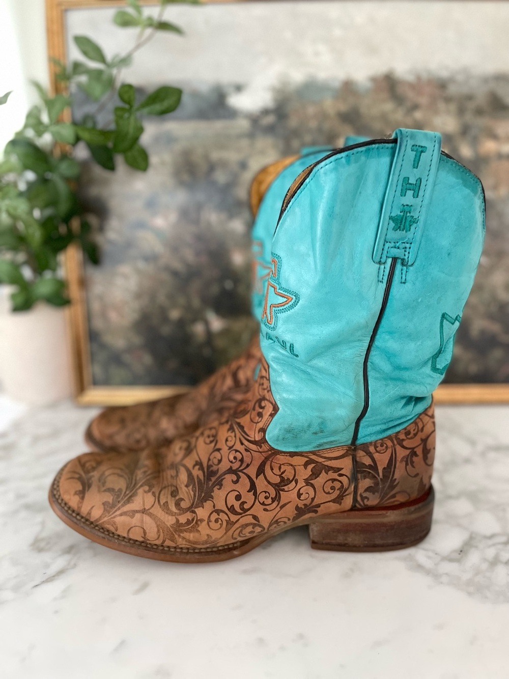 Tin Haul Womens Western Boots Turquoise Brown Floral Tooled Leather Size 10 - Picture 2 of 12
